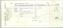 1916 State Personal Tax Bill to the Commonwealth of VA