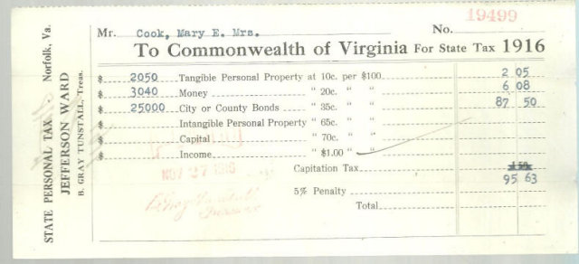 1916 State Personal Tax Bill to the Commonwealth of VA
