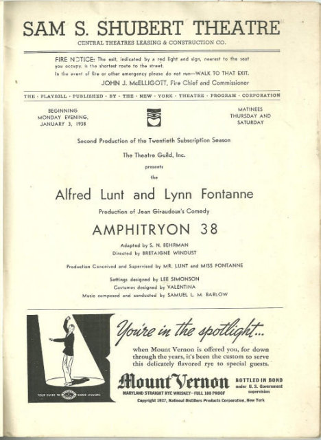 Playbill Alfred Lunt and Lynn Fontanne in Amphitryon