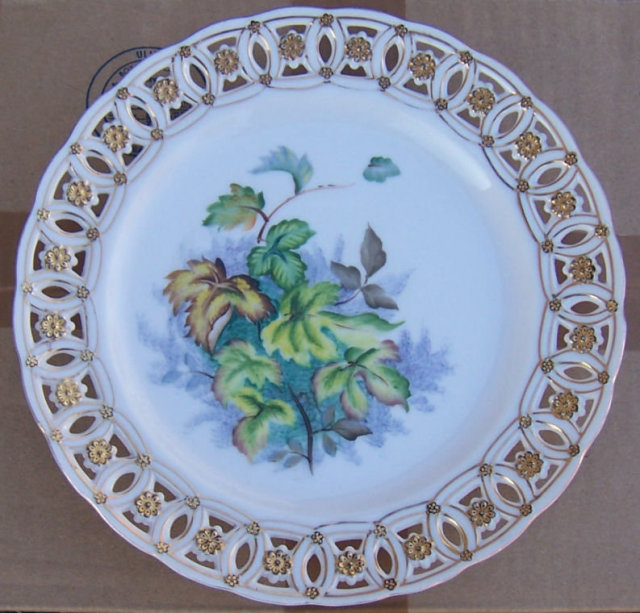 Decorative Plate with Green Leaves and Pierced Edge