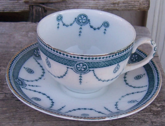 Flow Blue New Wharf Pottery Venice Cup and Saucer