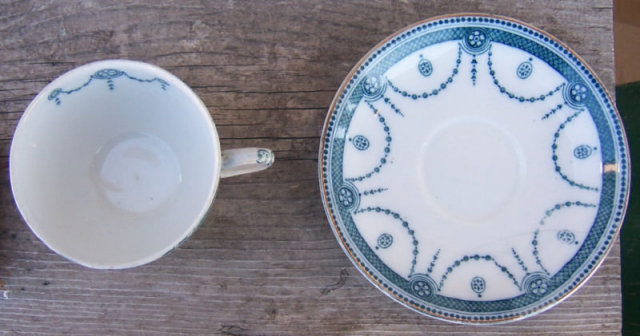 Flow Blue New Wharf Pottery Venice Cup and Saucer
