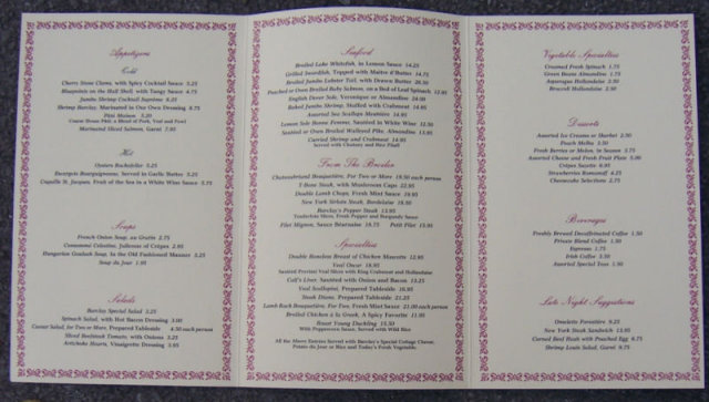 Vintage Menu From The Barclay Ltd. Restuarant