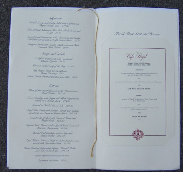 Vintage Menu From Cafe Royal, Dallas, Texas