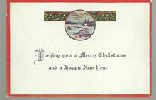 Vintage Merry Christmas Card with Snowy Landscape