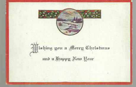 Vintage Merry Christmas Card with Snowy Landscape