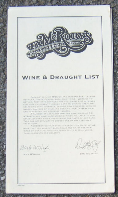 Vintage Wine and Draught Menu From FX McRory's Seattle, Washington