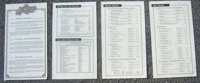 Vintage Wine and Draught Menu From FX McRory's Seattle, Washington