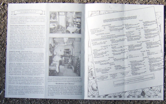 Vintage Menu From Alfred's Victorian, Middletown, PA