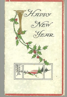 Victorian New Year Greeting Card with Holly and Snow