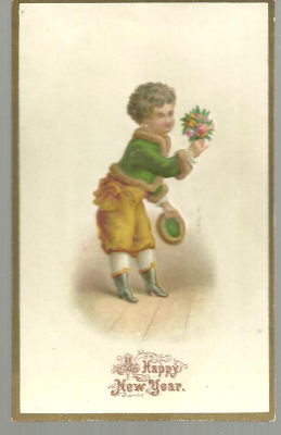Victorian New Year Card with Small Boy with Bouquet