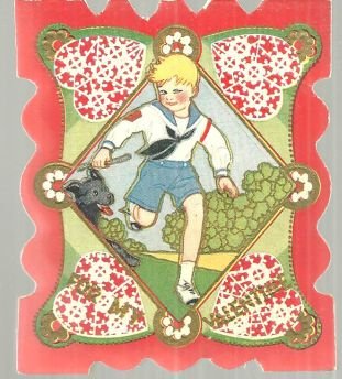 Victorian Valentine with Boy Playing with Dog on Front