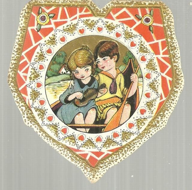 Vintage Valentine Card Little Girl and Boy in Rowboat