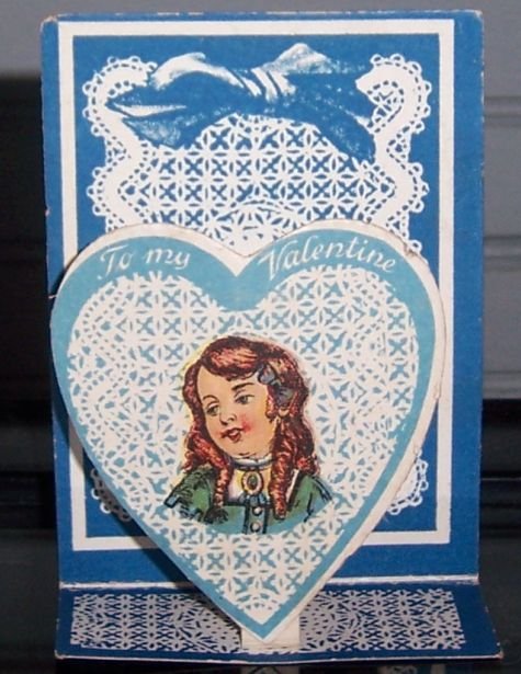 Victorian Fold Out Valentine with Girl in Blue Heart