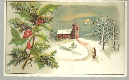 Victorian Trade Card With Man Walking to Snowy Church