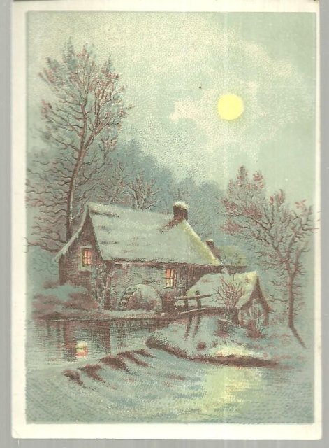 Victorian Trade Card With Snowy Mill and Full Moon