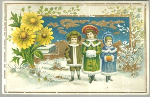 Victorian Trade Card With Two Girls and One Boy Dressed For Winter