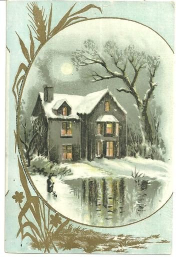 Victorian Trade Card With Snowy House and Golden Wheat