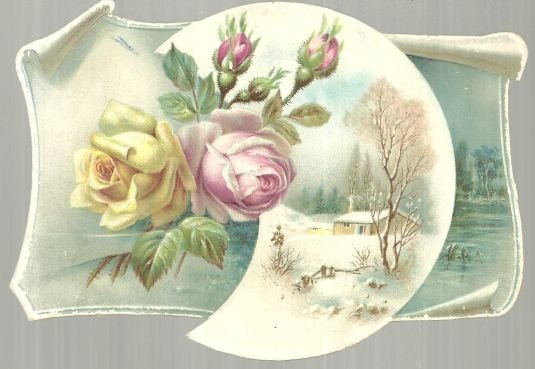 Victorian Card With Winter Scene and Roses in Moon