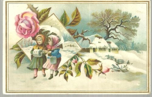 Victorian Card Two Girls Walking In Winter Landscape