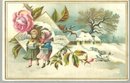 Victorian Card Two Girls Walking In Winter Landscape