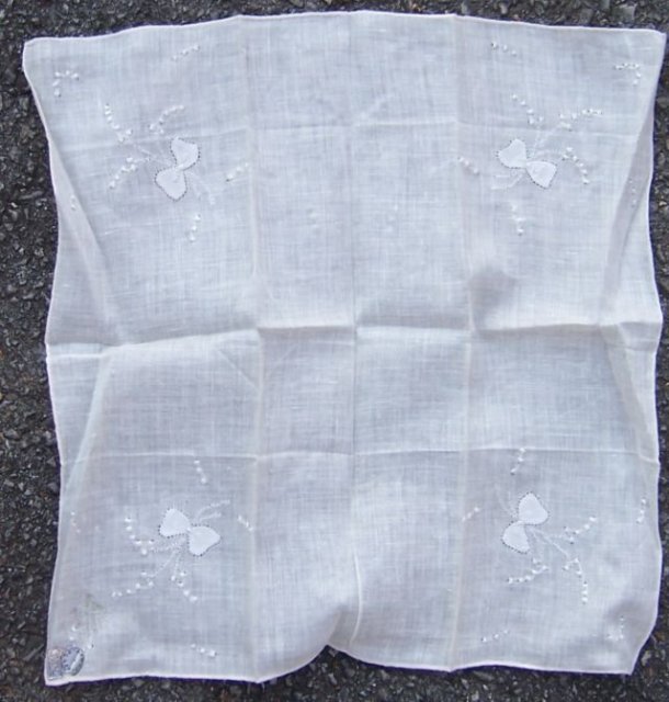 Vintage White Handkerchief with Embroidered Bows