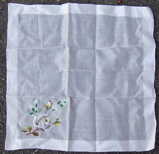 Vintage White Handkerchief with Embroidered Roses