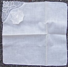 Vintage White Handkerchief with Appliqued White Flower