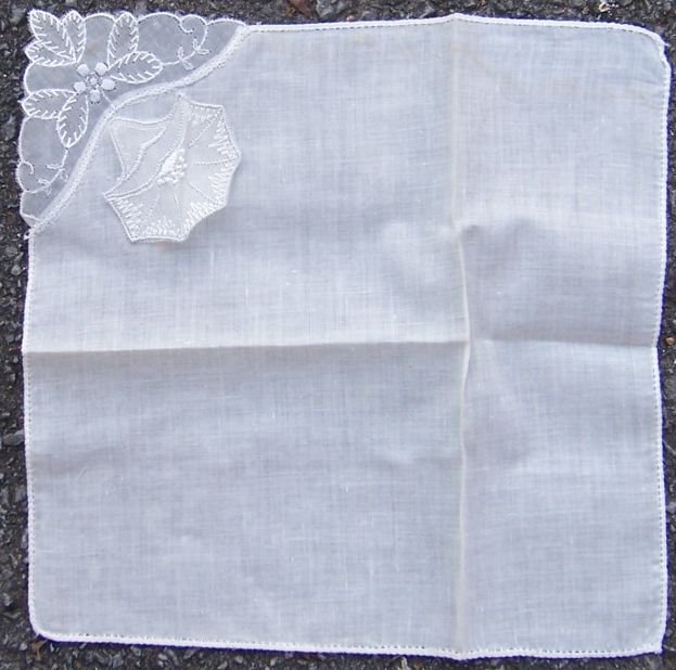 Vintage White Handkerchief with Appliqued White Flower