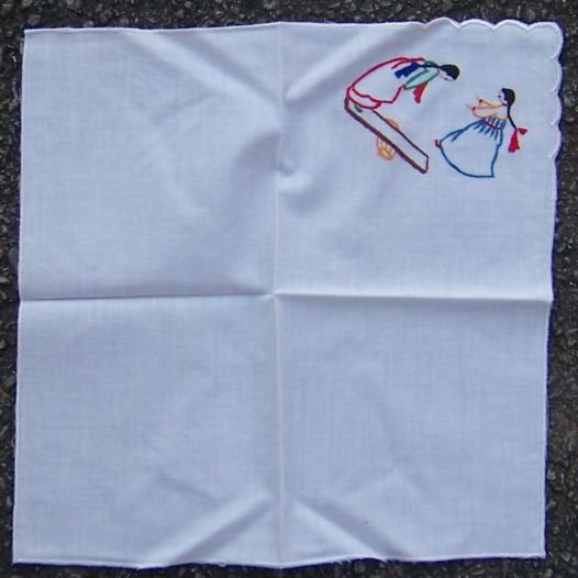 Vintage White Handkerchief with Embroidered Girls