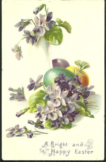 Bright and Happy Easter Postcard with Eggs and Violets