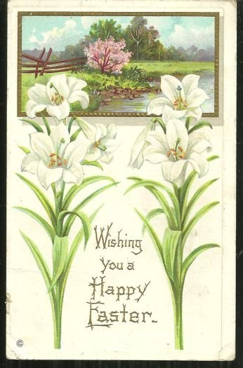 Vinrage Happy Easter Postcard with White Easter Lilies