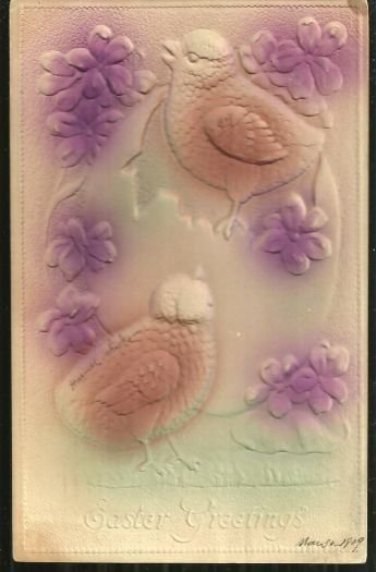 Easter Greeting Postcard with Chicks and Flowers 1909