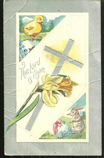 Easter Postcard with Cross, Chick and Easter Bunny