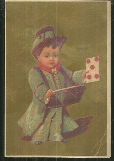 Victorian Card With Little Boy in Uniform with Gold