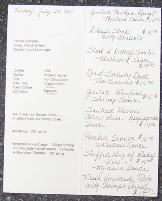 Vintage Menu from Society Cafe, Chicago, Illinois 1981