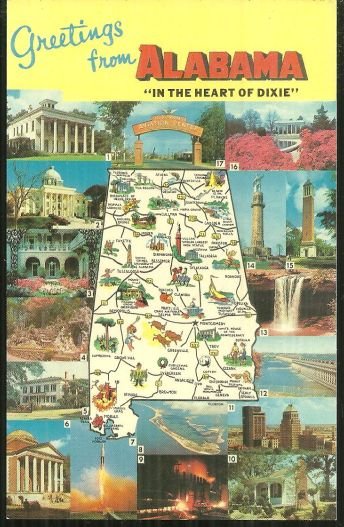 Greetings from Alabama The Heart of Dixie Map Postcard