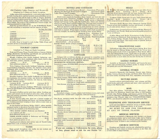 Accommodations and Services for Yellowstone Park 1950