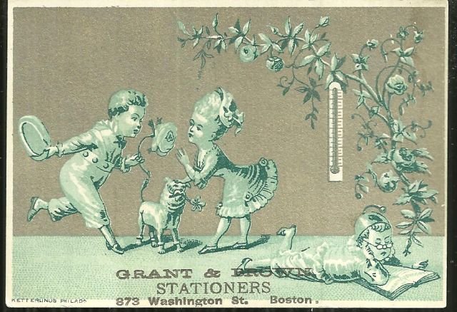 Victorian Trade Card for Grant and Brown Stationers, Boston, Massachusetts
