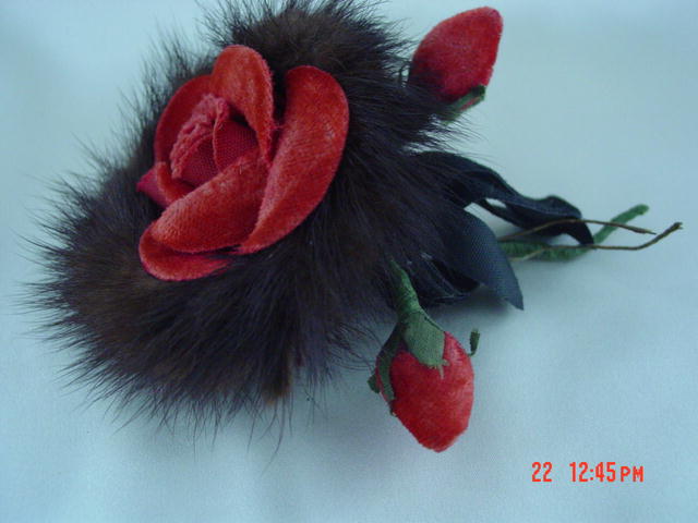 Vintage 50's Red Suede Rose Corsage Trimmed in Mink