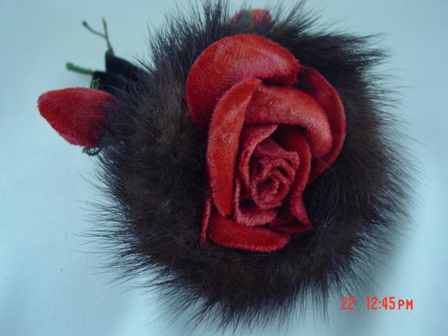Vintage 50's Red Suede Rose Corsage Trimmed in Mink