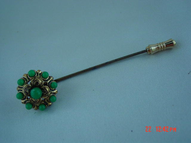 Gold Filigree Stick Pin With Green Cabachons Made in West Germany