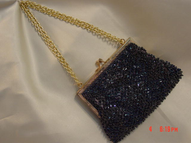 Vintage Magid Macau Blue & Black AB Seed Bead & Sequin Evening Purse