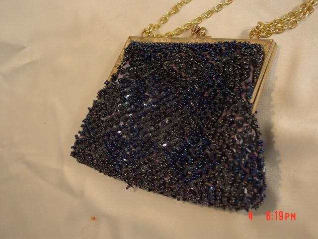 Vintage Magid Macau Blue & Black AB Seed Bead & Sequin Evening Purse