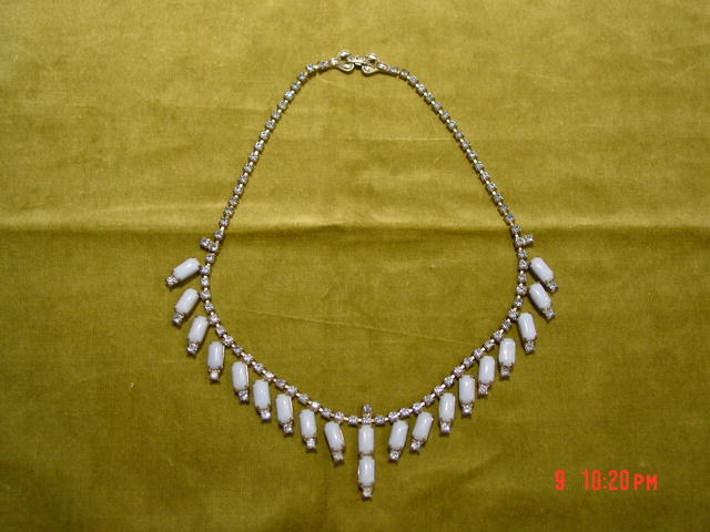 Vintage 1950's Powder Blue Glass Cabochon & Sapphire Blue Rhinestone Necklace