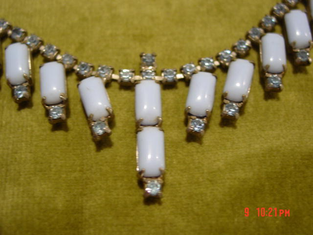Vintage 1950's Powder Blue Glass Cabochon & Sapphire Blue Rhinestone Necklace