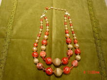 Vintage 1950's 2 Strand Coral, Imitation Pearl & Art Bead Necklace Marked Japan