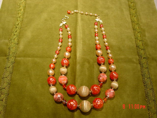 Vintage Japan 1950's 2 Strand Coral, Imitation Pearl & Art Bead Necklace