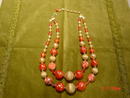 Vintage 1950's 2 Strand Coral, Imitation Pearl & Art Bead Necklace Marked Japan