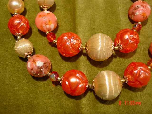 Vintage Japan 1950's 2 Strand Coral, Imitation Pearl & Art Bead Necklace